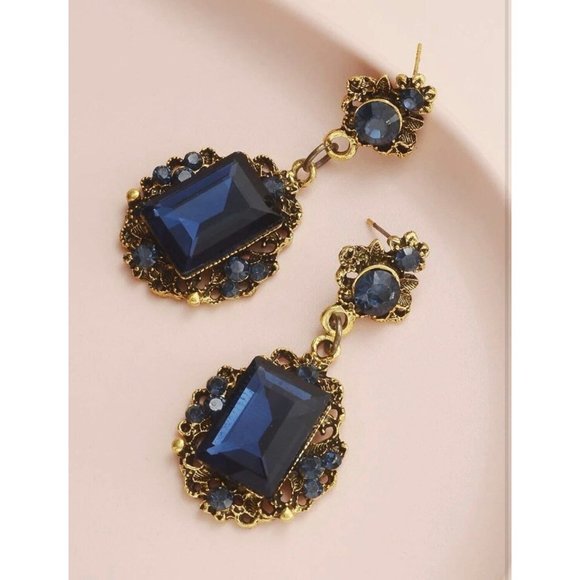 navy blue earrings gold chandelier dark blue wedding  navy crystal earrings big - Picture 1 of 7